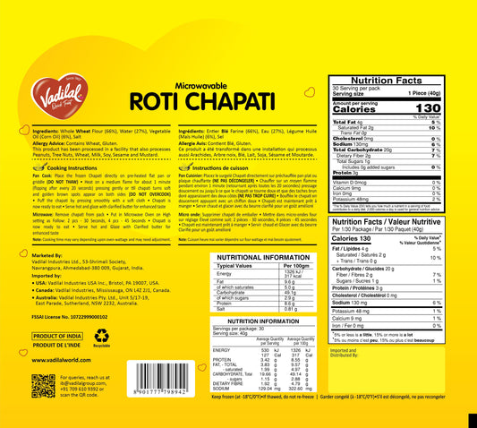 VADILAL MICROWAVABLE ROTI CHAPATI 1.2KG