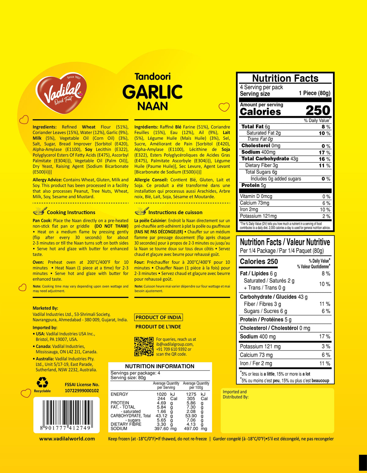 Vadilal Tandoori Garlic Naan 320g