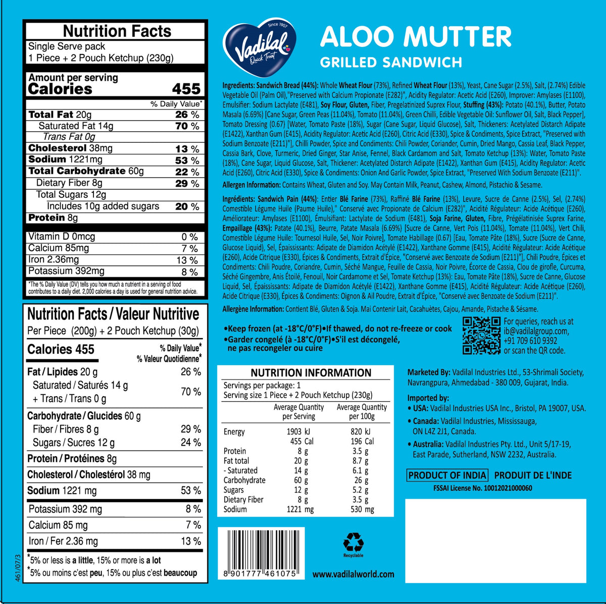 Vadilal Aloo Mutter Grilled Sandwich 215g