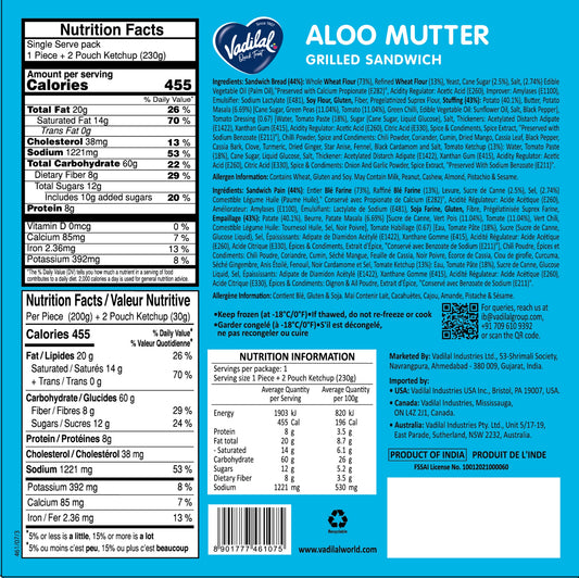 Vadilal Aloo Mutter Grilled Sandwich 215g