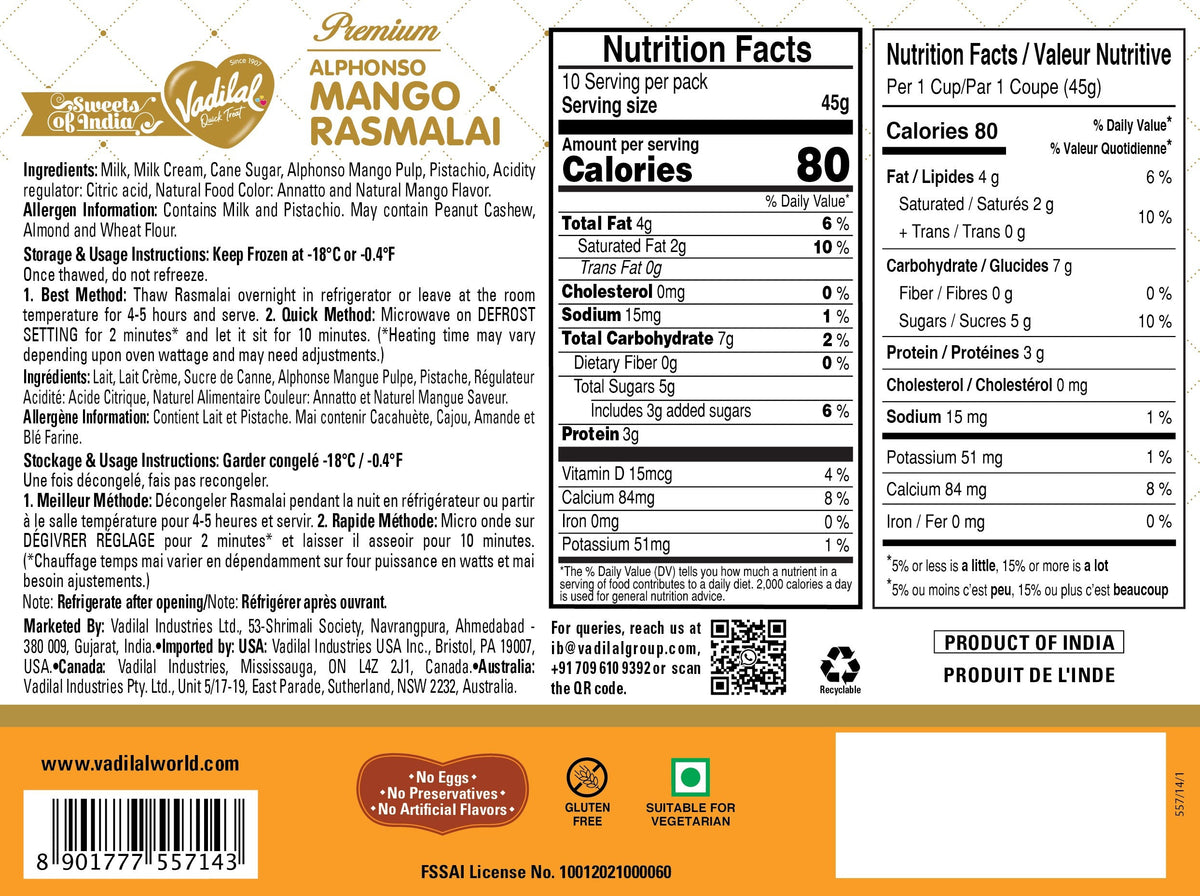 Vadilal Alphonso Mango Rasmalai – 454g
