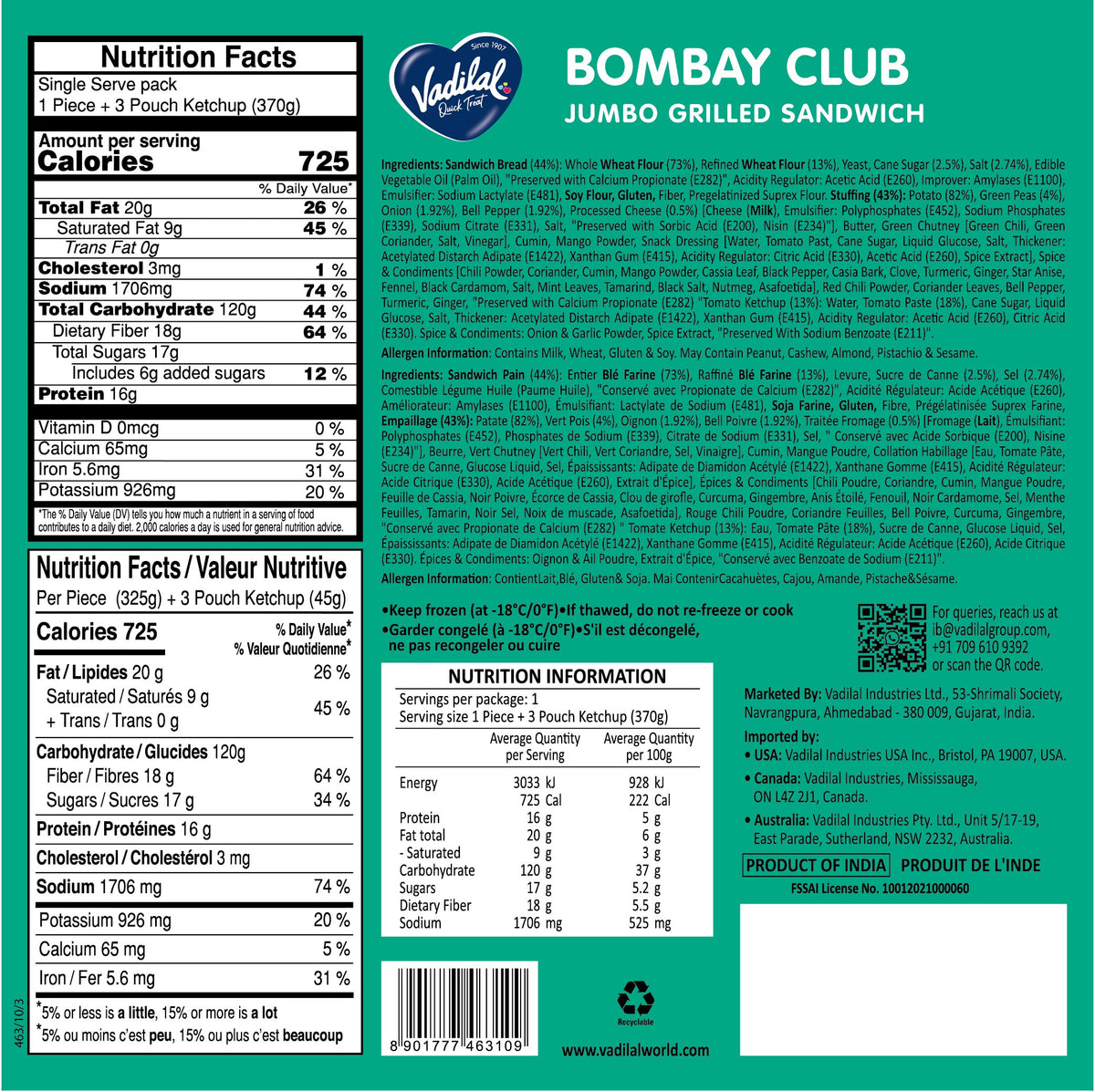 Vadilal Bombay Club Jumbo Grilled Sandwich – 340g