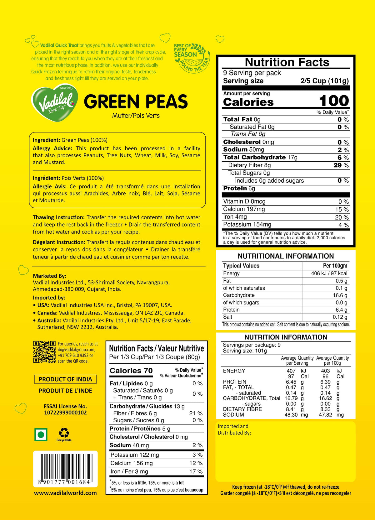 Vadilal Green Peas (Mutter) – 908g