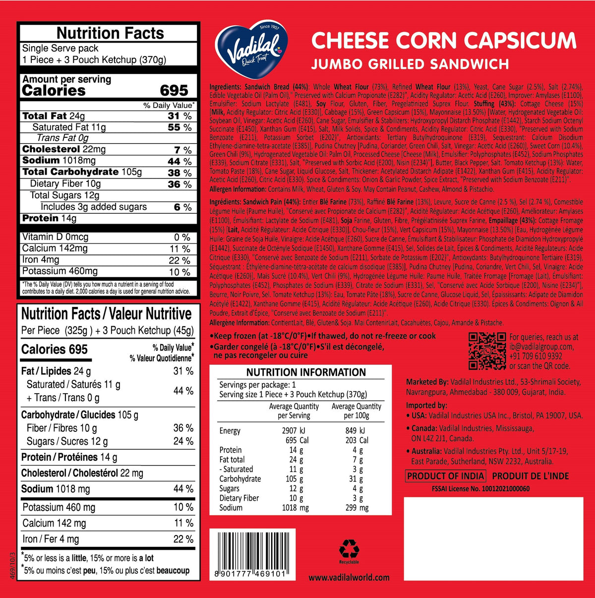 Vadilal Cheese Corn Capsicum Jumbo Grilled Sandwich – 340g