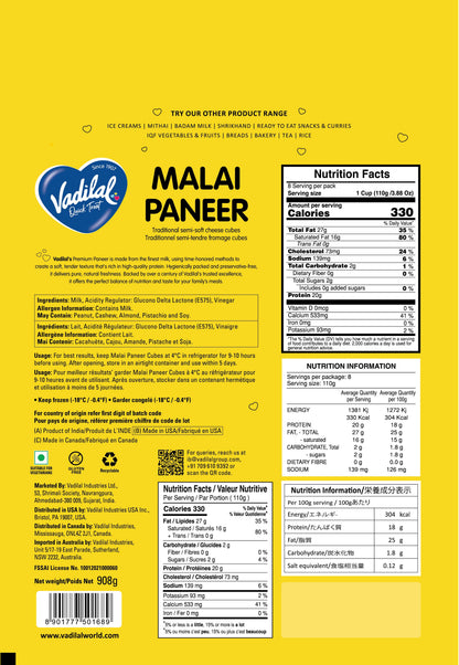 Vadilal Malai Paneer Cubes 908g