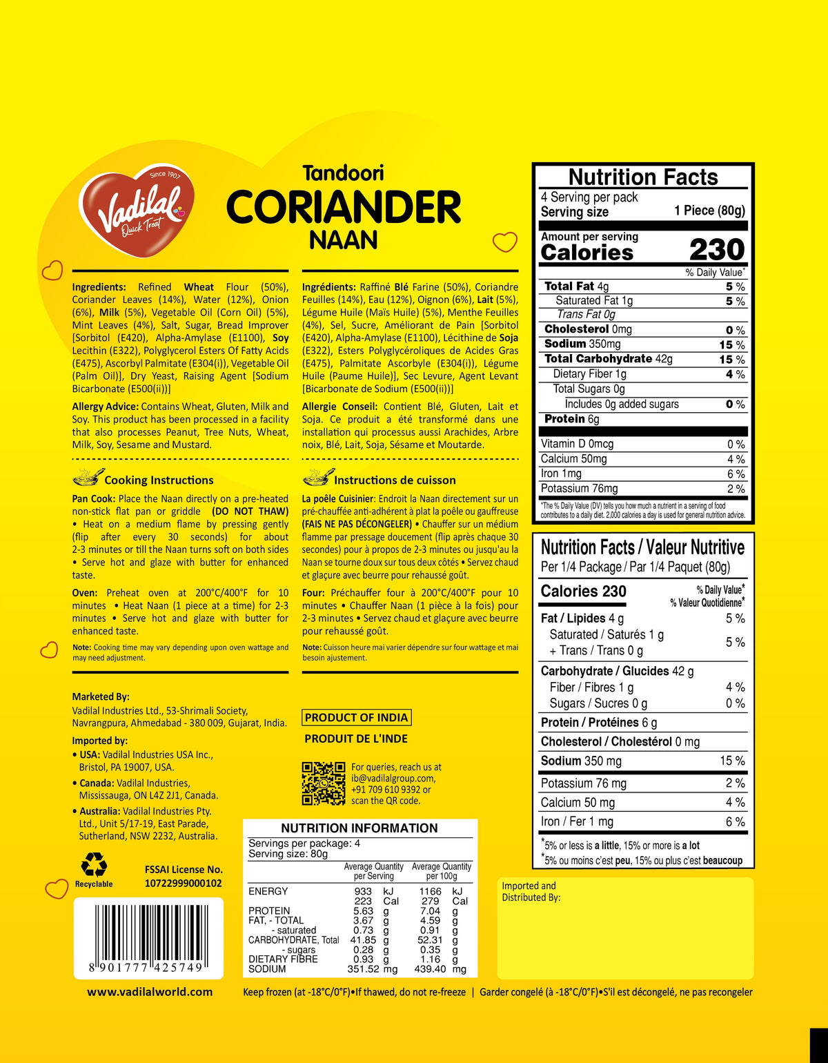 Vadilal Tandoori Coriander Naan 320g